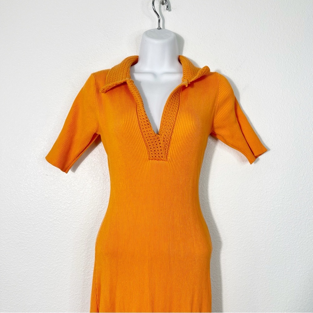 Caroline Constas Ribbed Knit Orange Crochet Polo Collar Midi Dress Medium - Picture 3 of 6
